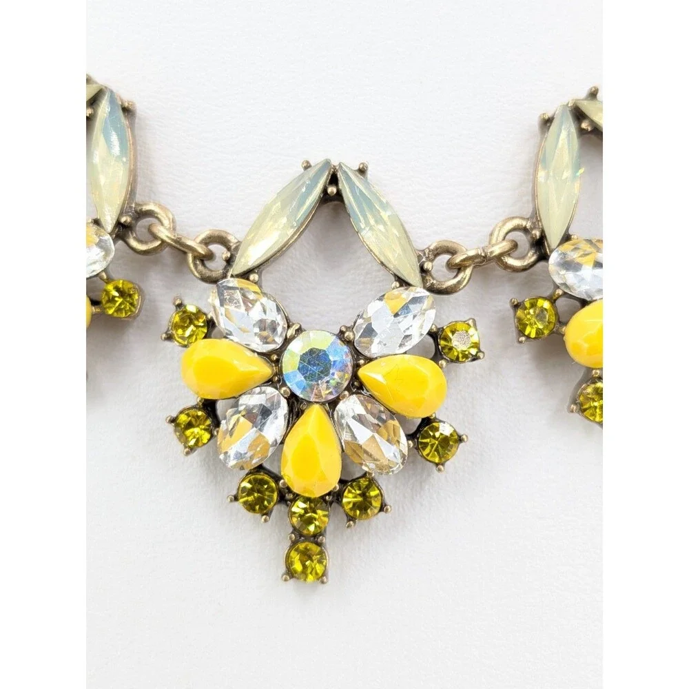 LOFT Statement Necklace Yellow Green Rhinestone Floral Gold Tone Resin 19 Inch